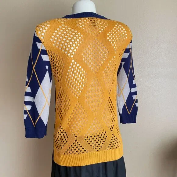 Copper Key L 100% Cotton Blue Gold Argyle Open Crochet 3/4 Sleeve Knit Cardigan - Picture 2 of 7